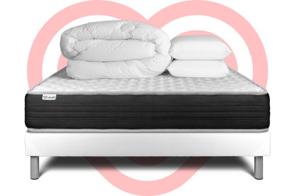 Pack lit complet 160x200 cm - Matelas + Sommier Blanc (en kit) + 2 oreillers + Couette - Vitalmemo One
