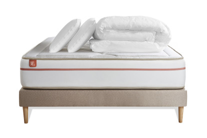 Pack lit complet 180x200 cm - Matelas + Sommier Beige (en kit) + 2 oreillers + Couette - Le Paisible