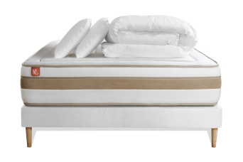Pack lit complet 180x200 cm - Matelas + Sommier Blanc (en kit) + 2 oreillers + Couette - Le Raffiné