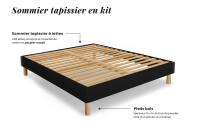 Pack lit complet 140x200 cm - Matelas + Sommier Noir (en kit) + 2 oreillers + Couette - Suite