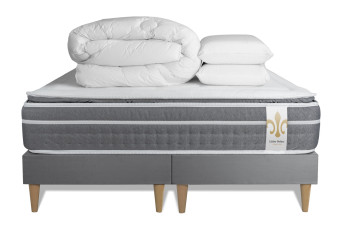 Pack lit complet 200x200 cm - Matelas + 2 Sommiers Gris + 2 oreillers + Couette - Trente PLUS