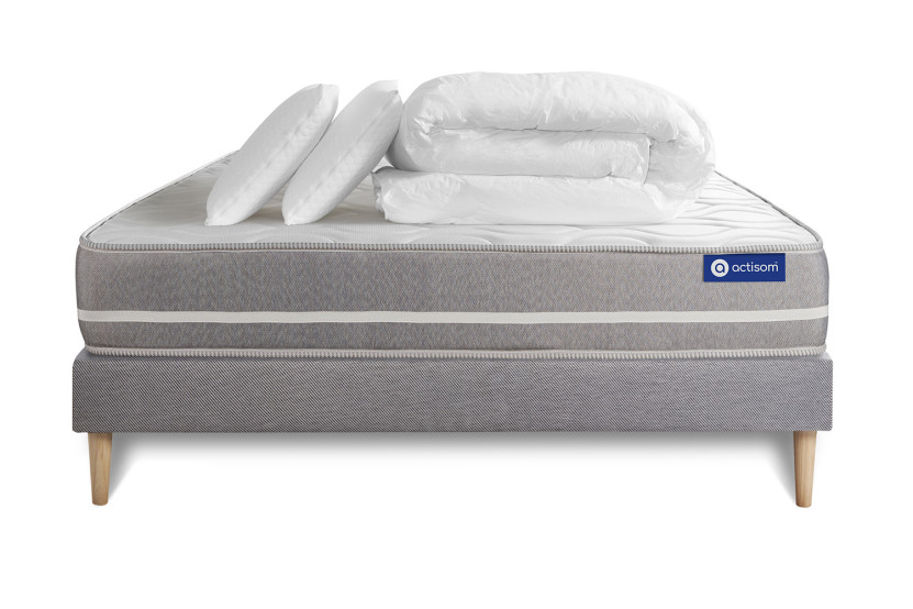 Pack lit complet 200x200 cm - Matelas + Sommier Gris (en kit) + 2 oreillers + Couette - Actiflex Touch