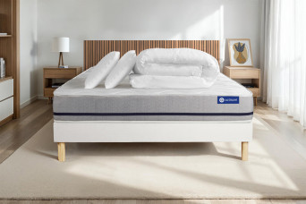 Pack lit complet 140x190 cm - Matelas + Sommier Blanc (en kit) + 2 oreillers + Couette - Actilatex Soft