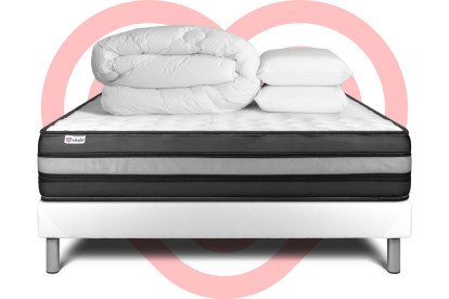 Pack lit complet 140x200 cm - Matelas + Sommier Blanc (en kit) + 2 oreillers + Couette - Vital Power Zen