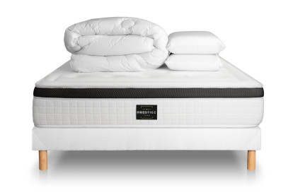 Pack lit complet 180x200 cm - Matelas + Sommier Blanc (en kit) + 2 oreillers + Couette - Privilège