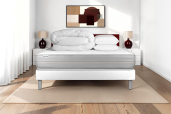 Pack lit complet 180x200 cm - Matelas + Sommier Blanc (en kit) + 2 oreillers + Couette - Vitalmemo