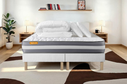 Pack lit complet 160x200 cm - Matelas + 2 Sommiers Blancs + 2 oreillers + Couette - Memo Plus