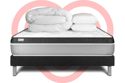 Pack lit complet 140x190 cm - Matelas + Sommier Noir (en kit) + 2 oreillers + Couette - Vital Ergo