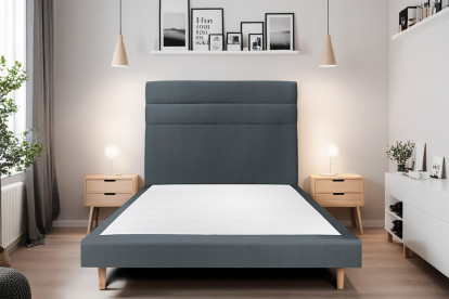 Lit 150x190 cm - Sommier tapissier H29 cm + tête de lit à lignes - Tissu Velours Gris Anthracite