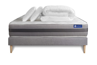 Pack lit complet 200x200 cm - Matelas + Sommier Gris (en kit) + 2 oreillers + Couette - Actimemo Relax