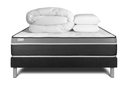 Pack lit complet 180x200 cm - Matelas + Sommier Noir (en kit) + 2 oreillers + Couette - Vital Care