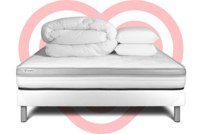 Pack lit complet 180x200 cm - Matelas + Sommier Blanc (en kit) + 2 oreillers + Couette - Vital Relax