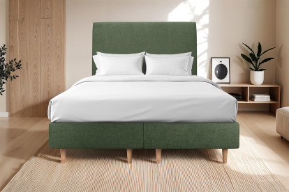 Lit 2x 100x200 cm - Sommier tapissier H35 cm + tête de lit tapissée - Tissu Toile natté Vert Kaki