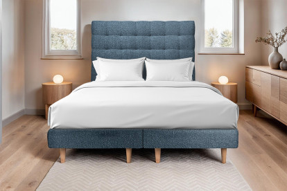 Lit 2x 80x200 cm - Sommier tapissier H29 cm + tête de lit capitonnée - Tissu Bouclette Bleu