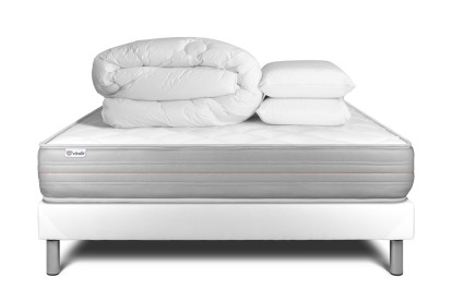 Pack lit complet 200x200 cm - Matelas + Sommier Blanc (en kit) + 2 oreillers + Couette - Vitalmemo
