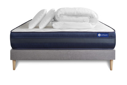 Pack lit complet 180x200 cm - Matelas + Sommier Gris (en kit) + 2 oreillers + Couette - Actimemo Tech
