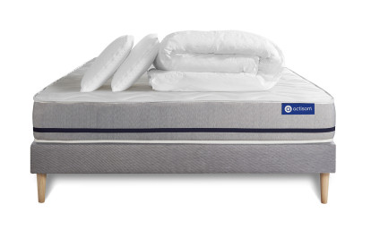 Pack lit complet 140x200 cm - Matelas + Sommier Gris (en kit) + 2 oreillers + Couette - Actiflex Soft