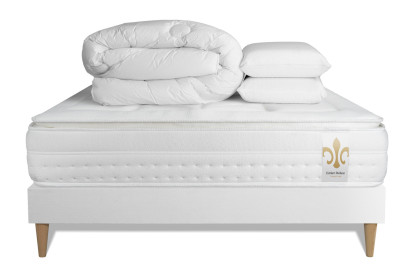Pack lit complet 160x200 cm - Matelas + Sommier Blanc (en kit) + 2 oreillers + Couette - Vingt-Huit PLUS