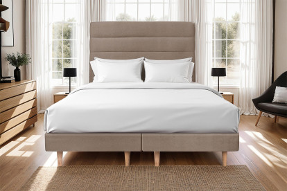 Lit 2x 90x200 cm - Sommier tapissier H29 cm + tête de lit à lignes - Tissu Velours Taupe