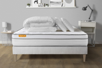 Pack lit complet 140x200 cm - Matelas + Sommier Blanc (en kit) + 2 oreillers + Couette - Memo Luxe Pack lit complet 140x200 cm - Matelas + Sommier Blanc (en kit) + 2 oreillers + Couette - Memo Luxe