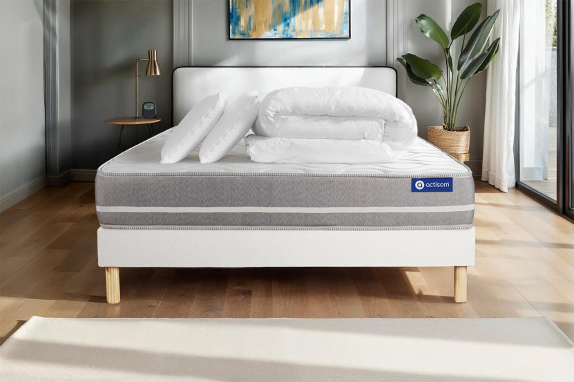 Pack lit complet 200x200 cm - Matelas + Sommier Blanc (en kit) + 2 oreillers + Couette - Actimemo Touch