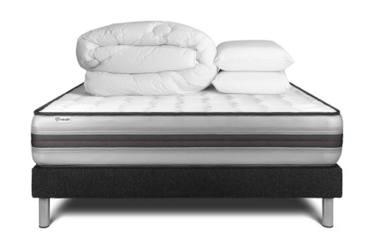Pack lit complet 140x200 cm - Matelas + Sommier Noir (en kit) + 2 oreillers + Couette - Vitalpower Recover