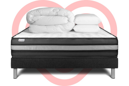 Pack lit complet 160x200 cm - Matelas + Sommier Noir (en kit) + 2 oreillers + Couette - Vital Power Zen