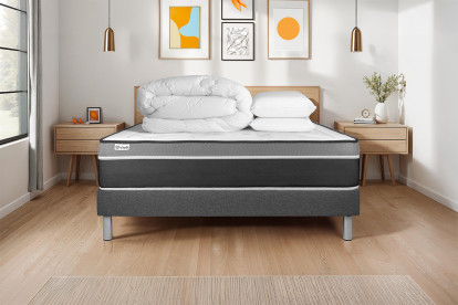 Pack lit complet 200x200 cm - Matelas + Sommier Gris (en kit) + 2 oreillers + Couette - Vital Care