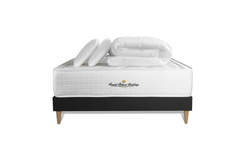 Pack lit complet 160x200 cm - Matelas + Sommier Noir (en kit) + 2 oreillers + Couette - Buckingham