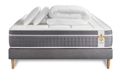 Pack lit complet 200x200 cm - Matelas + Sommier Gris (en kit) + 2 oreillers + Couette - Trente