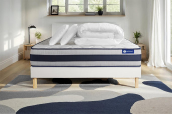 Pack lit complet 180x200 cm - Matelas + Sommier Blanc (en kit) + 2 oreillers + Couette - Actimemo Ergo
