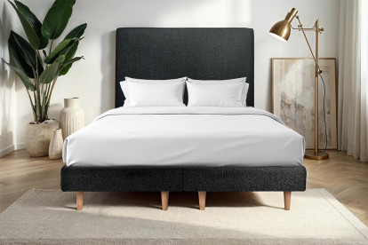 Lit 2x 90x200 cm - Sommier tapissier H29 cm + tête de lit tapissée - Tissu Bouclette Noir