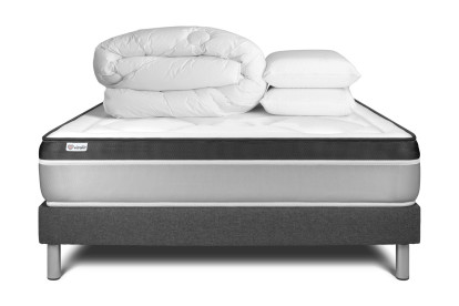 Pack lit complet 180x200 cm - Matelas + Sommier Gris (en kit) + 2 oreillers + Couette - Vital Ergo