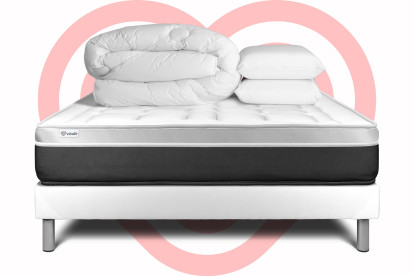 Pack lit complet 200x200 cm - Matelas + Sommier Blanc (en kit) + 2 oreillers + Couette - Vital Soft