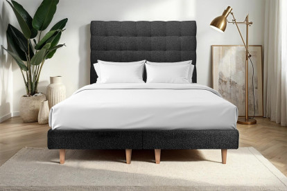 Lit 2x 100x200 cm - Sommier tapissier H29 cm + tête de lit capitonnée - Tissu Bouclette Noir