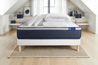 Pack lit complet 200x200 cm - Matelas + Sommier Blanc (en kit) + 2 oreillers + Couette - Actiflex Max