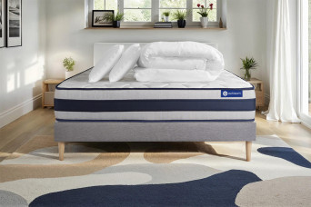 Pack lit complet 140x200 cm - Matelas + Sommier Gris (en kit) + 2 oreillers + Couette - Actiflex Ergo