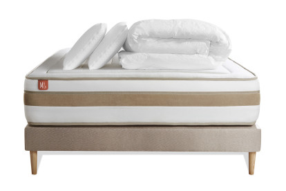 Pack lit complet 140x200 cm - Matelas + Sommier Beige + 2 oreillers + Couette - Le Raffiné