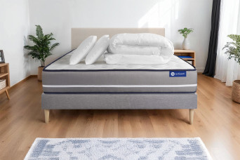 Pack lit complet 140x200 cm - Matelas + Sommier Gris (en kit) + 2 oreillers + Couette - Actiflex Pur