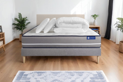 Pack lit complet 140x200 cm - Matelas + Sommier Gris (en kit) + 2 oreillers + Couette - Actiflex Pur
