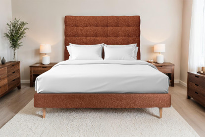 Lit 140x190 cm - Sommier tapissier H29 cm + tête de lit capitonnée - Tissu Bouclette Terracotta