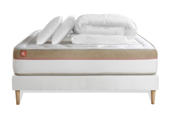 Pack lit complet 140x190 cm - Matelas + Sommier Blanc (en kit) + 2 oreillers + Couette - Le Cosy
