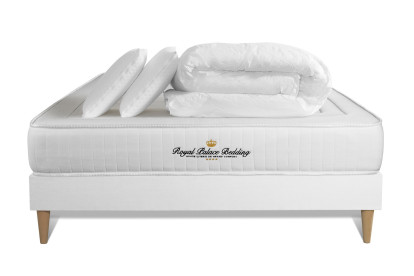 Pack lit complet 140x190 cm - Matelas + Sommier Blanc (en kit) + 2 oreillers + Couette - Lancaster