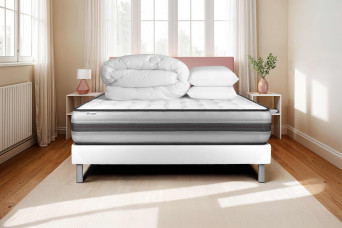 Pack lit complet 160x200 cm - Matelas + Sommier Blanc (en kit) + 2 oreillers + Couette - Vitalpower Recover