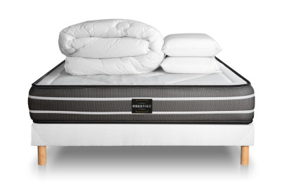 Pack lit complet 140x190 cm - Matelas + Sommier Blanc (en kit) + 2 oreillers + Couette - Exclusive