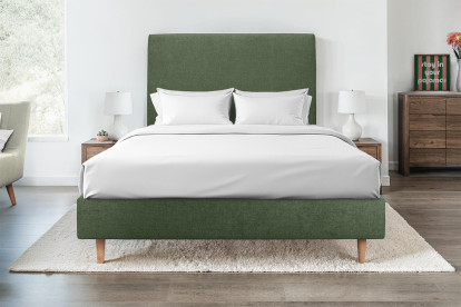 Lit 150x190 cm - Sommier tapissier H35 cm + tête de lit tapissée - Tissu Toile natté Vert Kaki