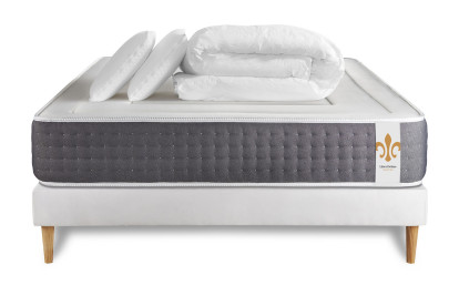 Pack lit complet 140x190 cm - Matelas + Sommier Blanc + 2 oreillers + Couette - Vingt-Six