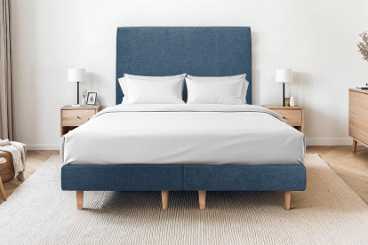 Lit 2x 80x200 cm - Sommier tapissier H29 cm + tête de lit tapissée - Tissu Toile natté Bleu Océan