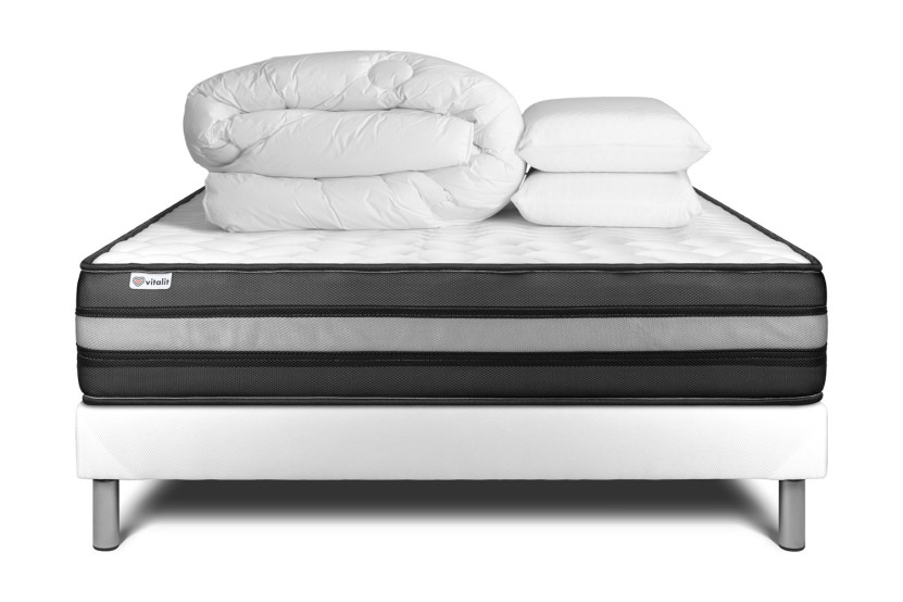 Pack lit complet 140x200 cm - Matelas + Sommier Blanc (en kit) + 2 oreillers + Couette - Vital Power Zen