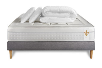 Pack lit complet 180x200 cm - Matelas + Sommier Gris (en kit) + 2 oreillers + Couette - Vingt-Huit